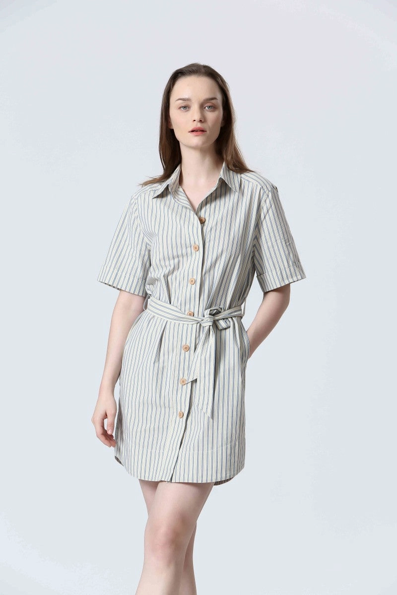 STRIPED BUTTON FRONT DRESS Quilted-Texture ReinforcedHem