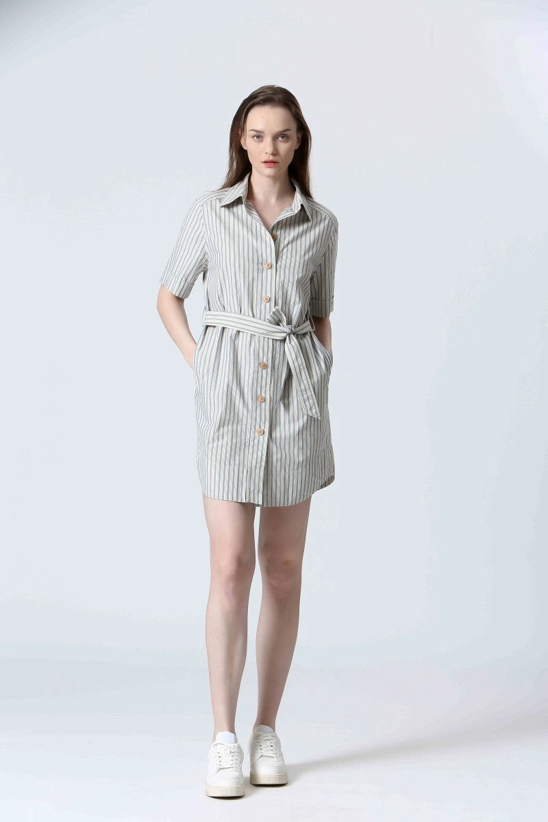 STRIPED BUTTON FRONT DRESS Quick Match All weather