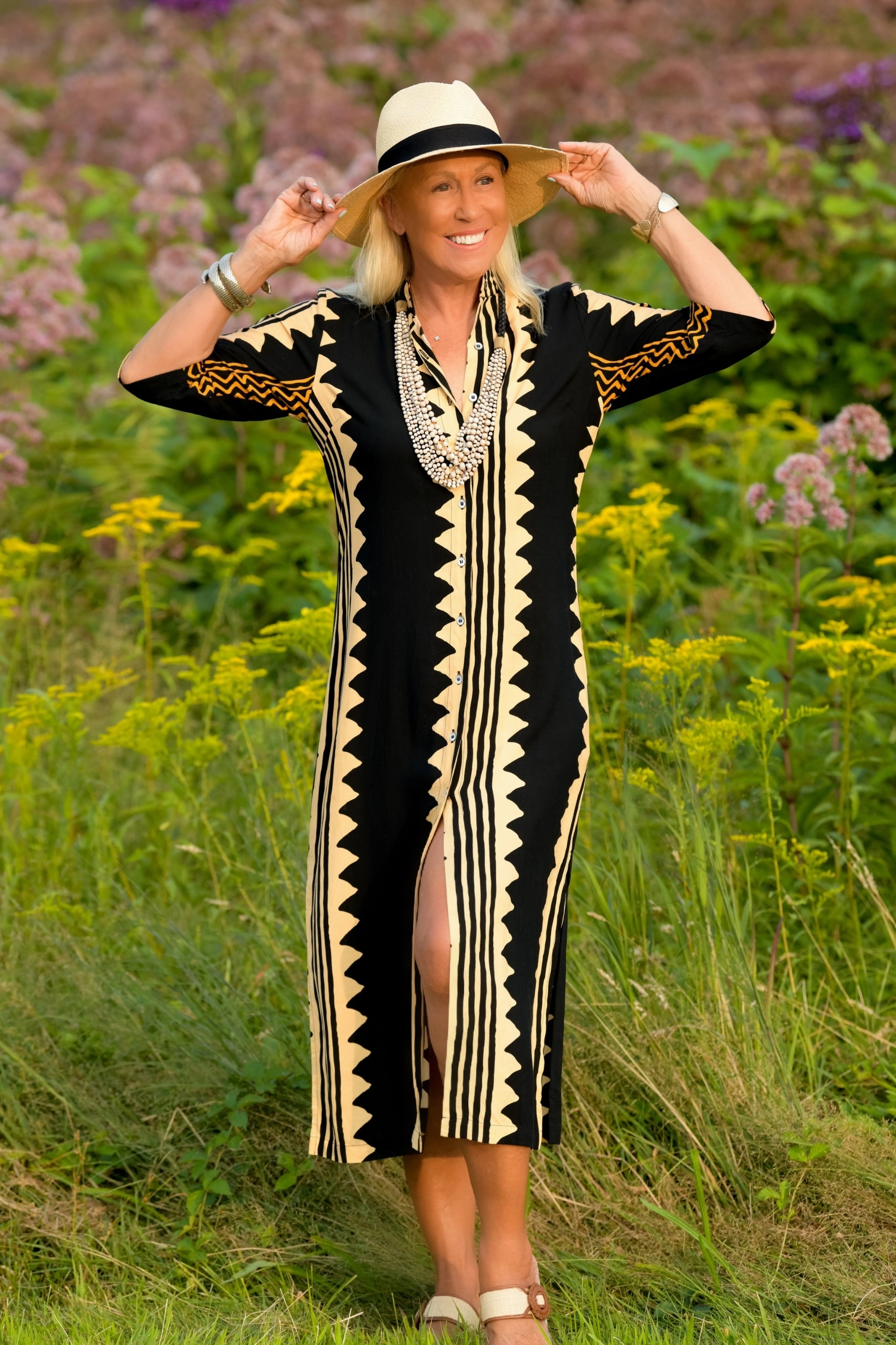 Day Break Dress / Khaki Zig Zag Water-Repellent-Finish Polished and Elegant