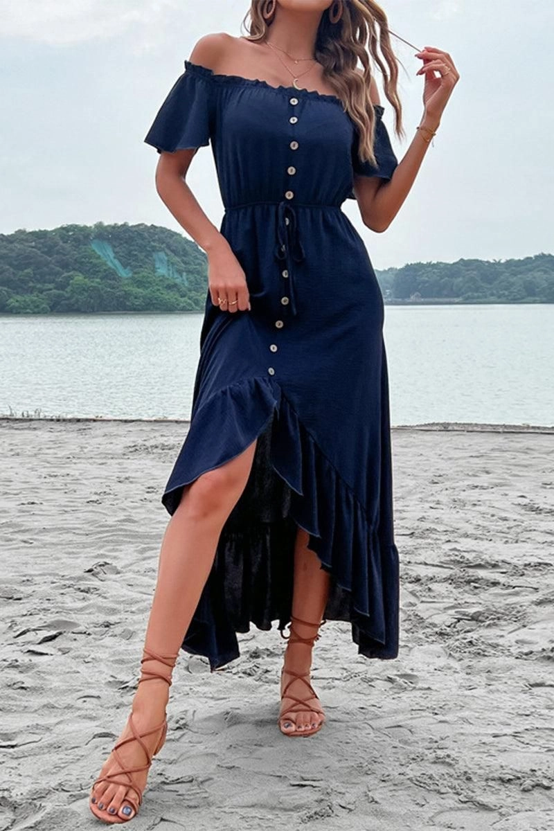 Modern Appearance OFF SHOULDER BUTTONED DRESS