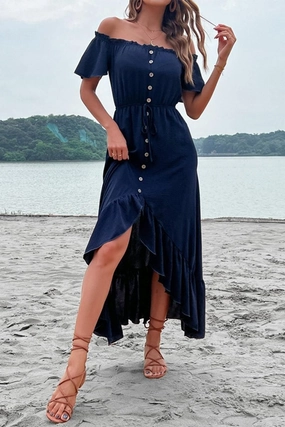 Modern Appearance OFF SHOULDER BUTTONED DRESS