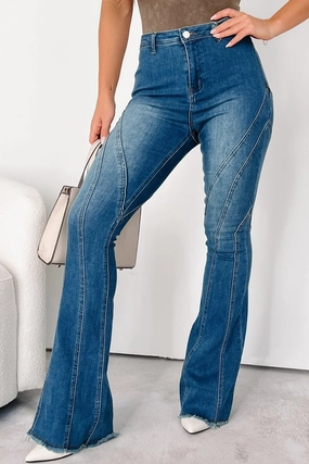 Comfy All-Day Rural Retreat Seam Detail Flare Jeans (Medium Wash)