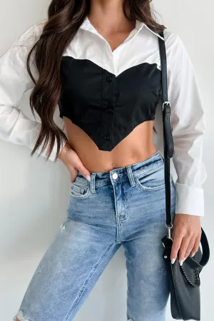 Eclipsing The Heart Colorblock Crop Blouse (White/Black) No Iron Fabric LightweightDesign