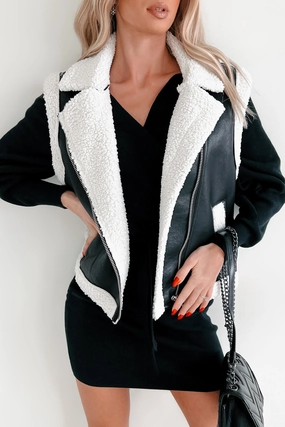 AthleisureInspired Montana Babe Sherpa Trim Faux Leather Vest (Black)