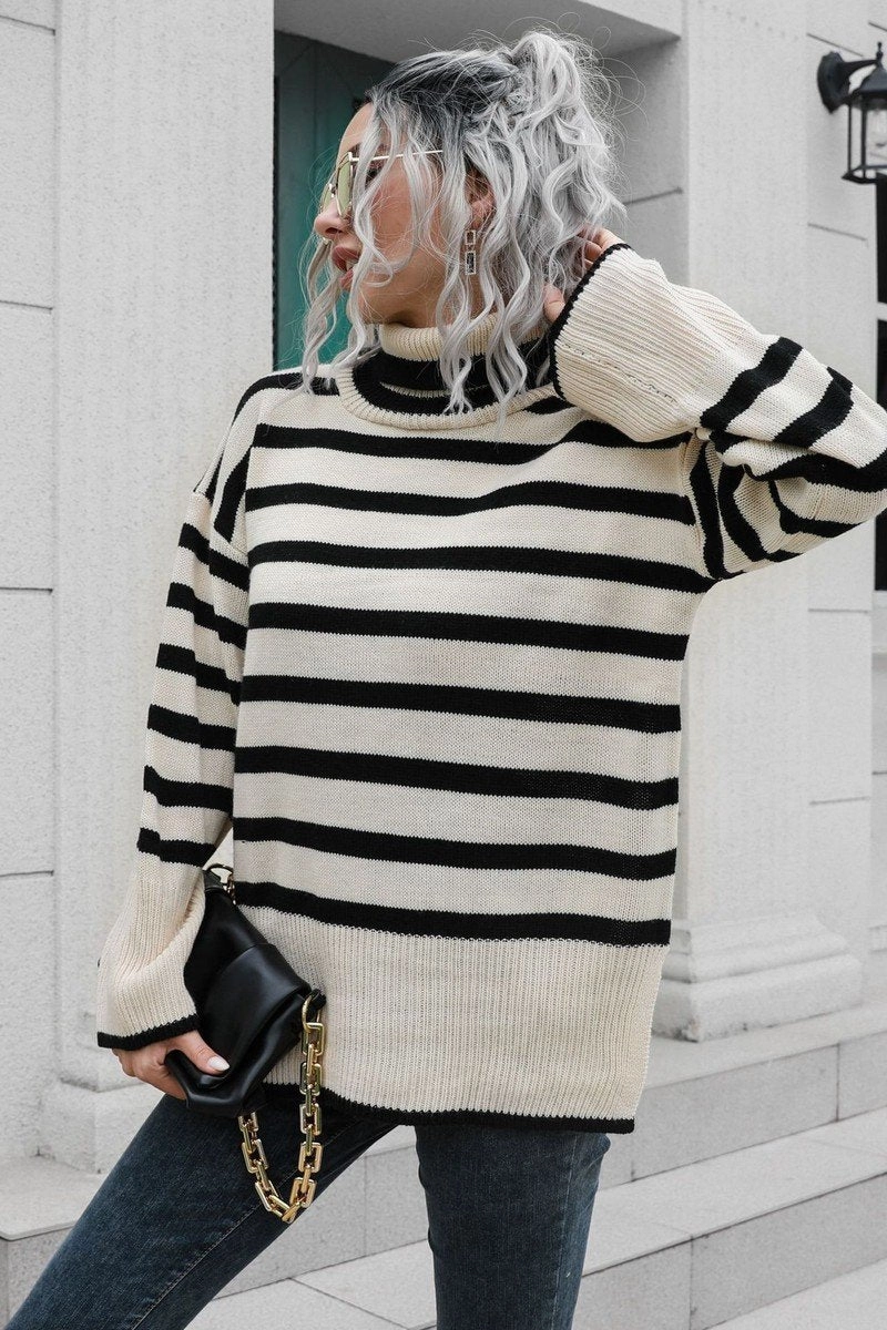 WOMEN STRIPED SIDE SLIT TURTLENECK LOOSE SWEATER SleevelessOption Sweat Absorbent Inner Layer
