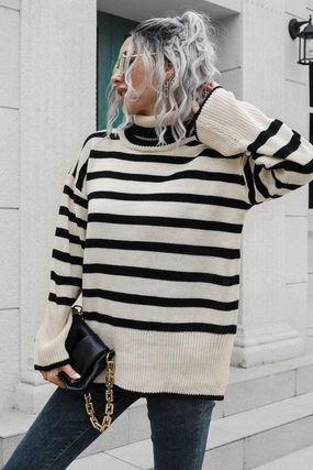 LightweightLayeringSystem WOMEN STRIPED SIDE SLIT TURTLENECK LOOSE SWEATER