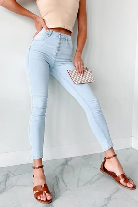 Alondra High Rise Button Fly Skinny Jeans (Light) SecureClosures Perfect Length