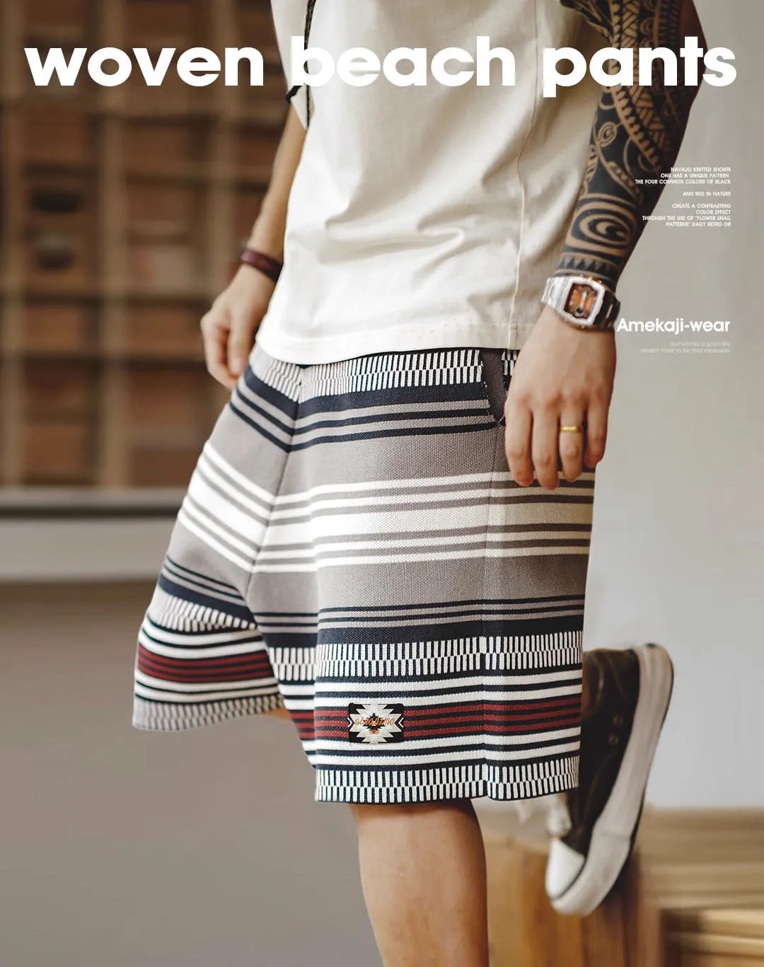 American Retro Knitted Heavy Contrast Color Straight Beach Men's Shorts