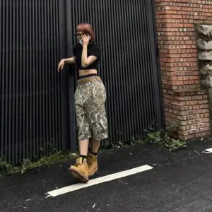 American street retro vintage vintage tree camouflage women work shorts trendy high street loose men and women shorts