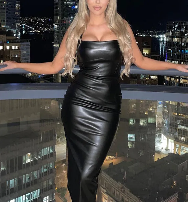 Amozae-Christmas Outfits New Year's Eve Dress Night Out Club Dresses cute winter outfits Nishka Leather Midi Dress