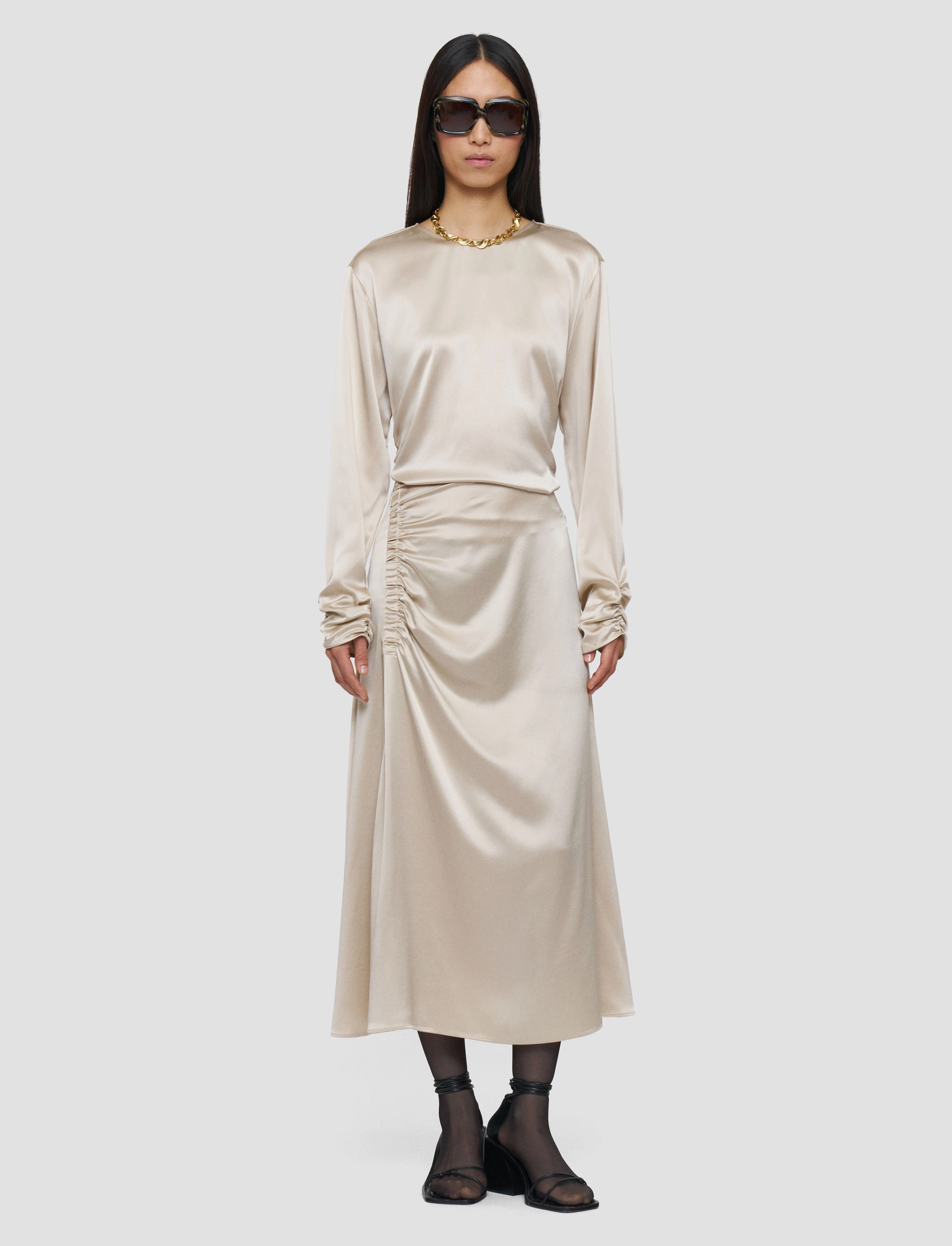 Andrea Ruched Silk Satin Skirt Durable Hem