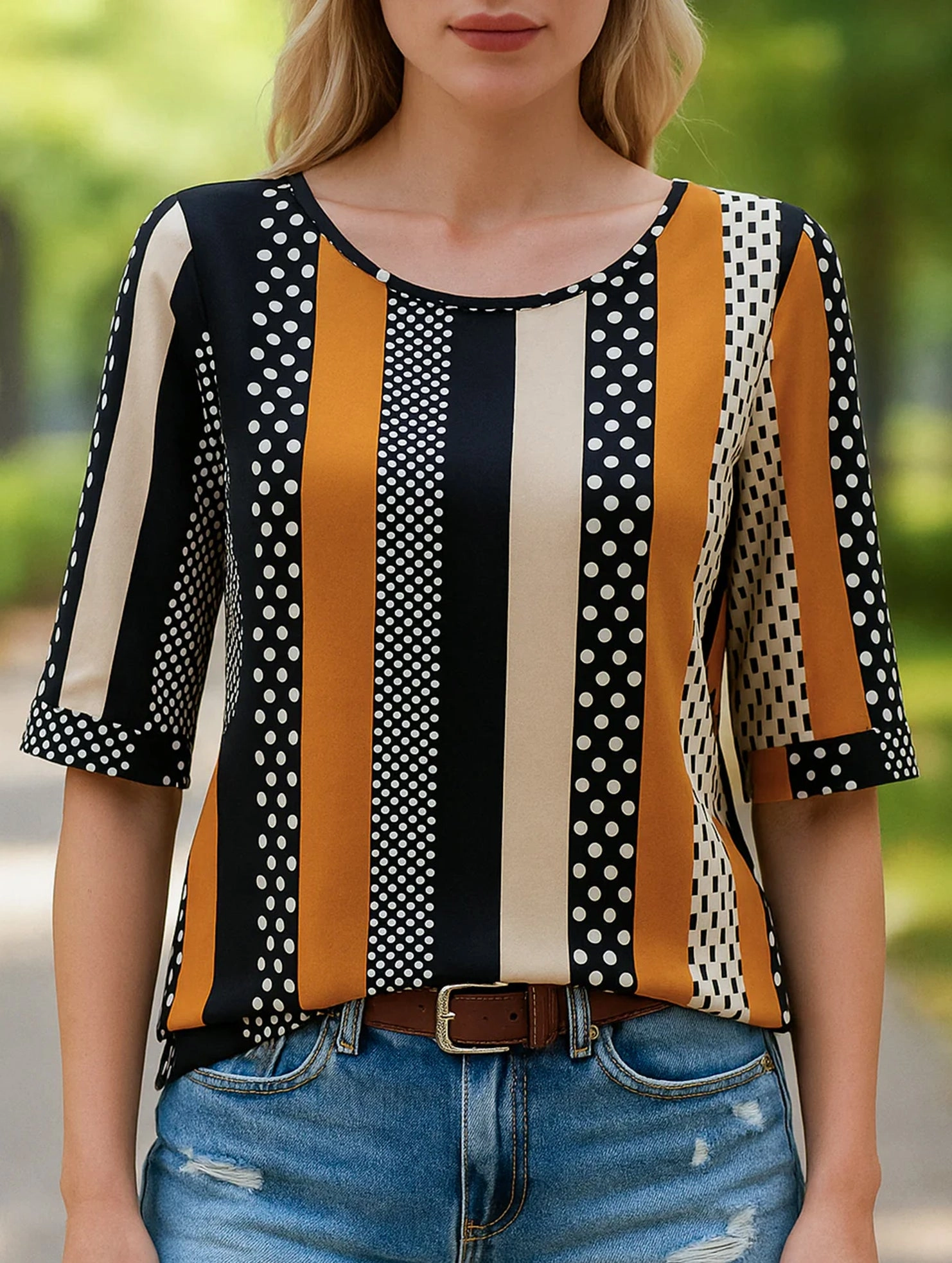 Striped Polka-Dot Crew Neck Mid-Sleeve Top ??Trendy Printed Women??s Shirt Anti Static Weave Technology NoiseReduciting Zipper