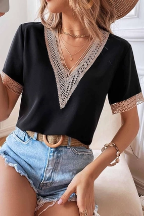 V NECK LACE POINT SHORT SLEEVE TOP Classic Tank Multi Panel Construction