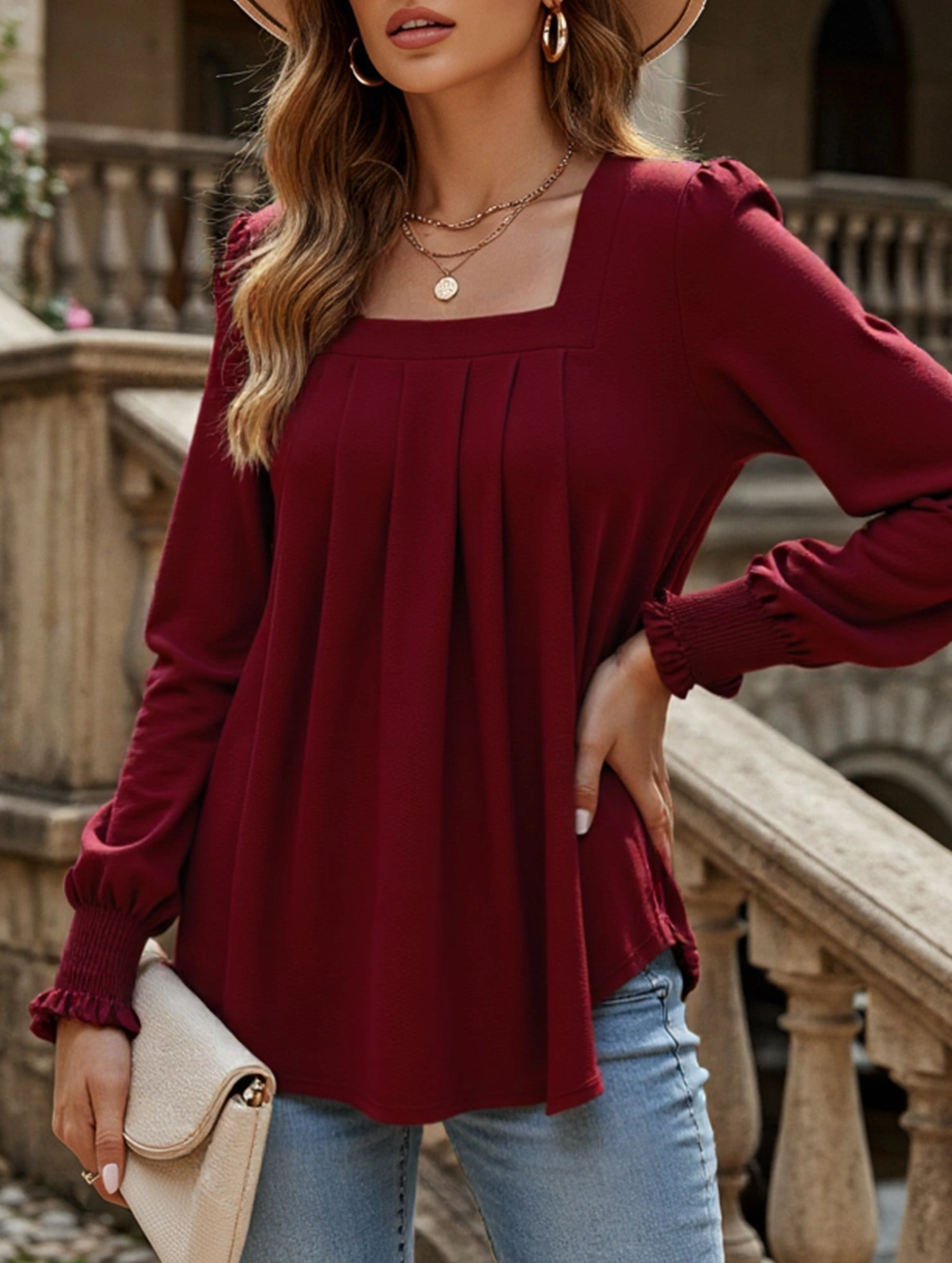 High Thread Count Cotton BondedSeamTechnology WOMEN SQAURE NECK SHIRRED CUFF LONG SLEEVE BLOUSE