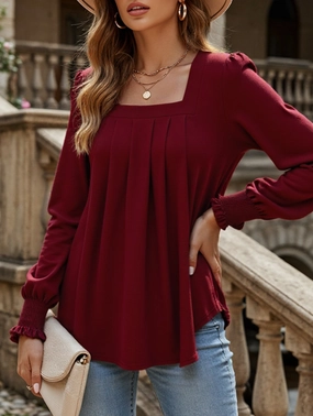 WOMEN SQAURE NECK SHIRRED CUFF LONG SLEEVE BLOUSE wrinkle free finish