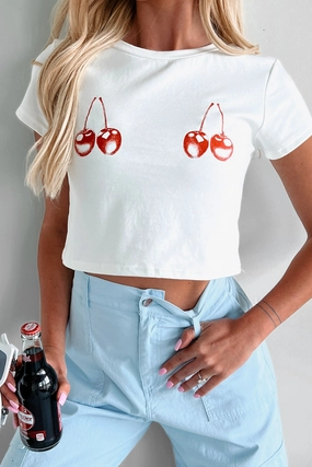 All Over Print Technique Sporty Hoodie Caught You Staring Cherry Graphic Tee (Off White)