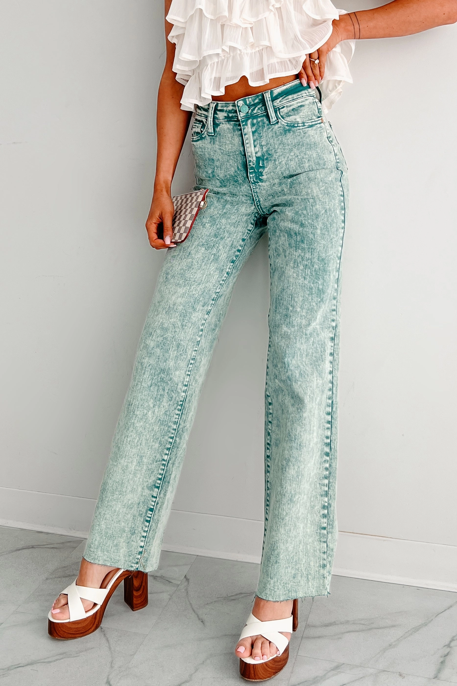 Chill Ready Soft Brush Lining Kinsley Judy Blue Washed Straight Jeans (Sea Green)