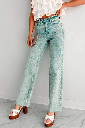 Chill Ready Soft Brush Lining Kinsley Judy Blue Washed Straight Jeans (Sea Green)