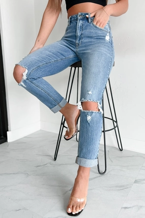 Barry High Rise Distressed Boyfriend Jeans (Medium Denim) Adaptable Design Everyday Comfort Fit