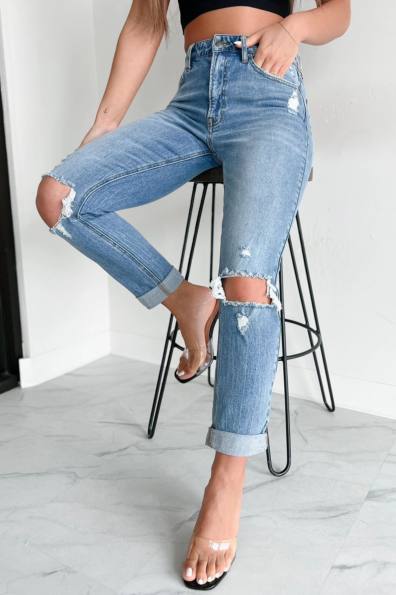 Barry High Rise Distressed Boyfriend Jeans (Medium Denim) Core Comfort