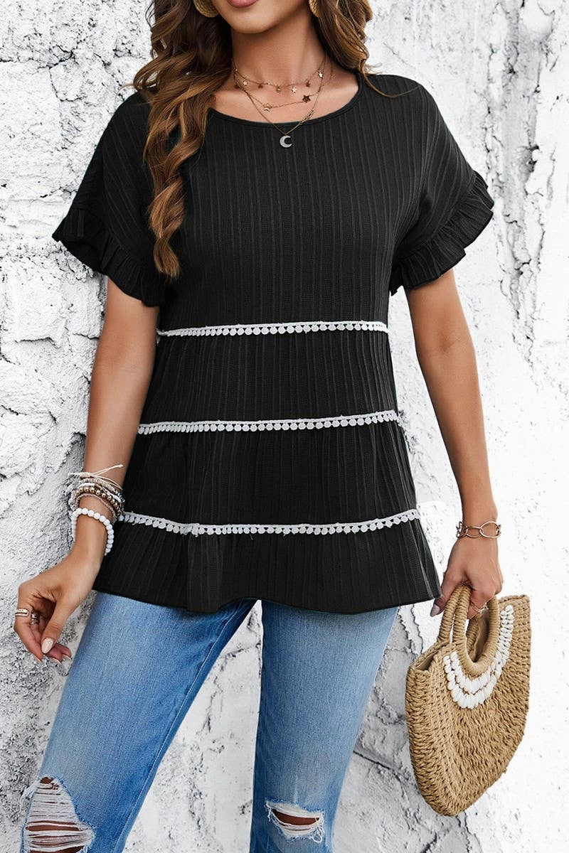 CASUAL LOOSE WAVE STRIP SHORT SLEEVED TOP_CWTSTS0322 Durable Chainstitch