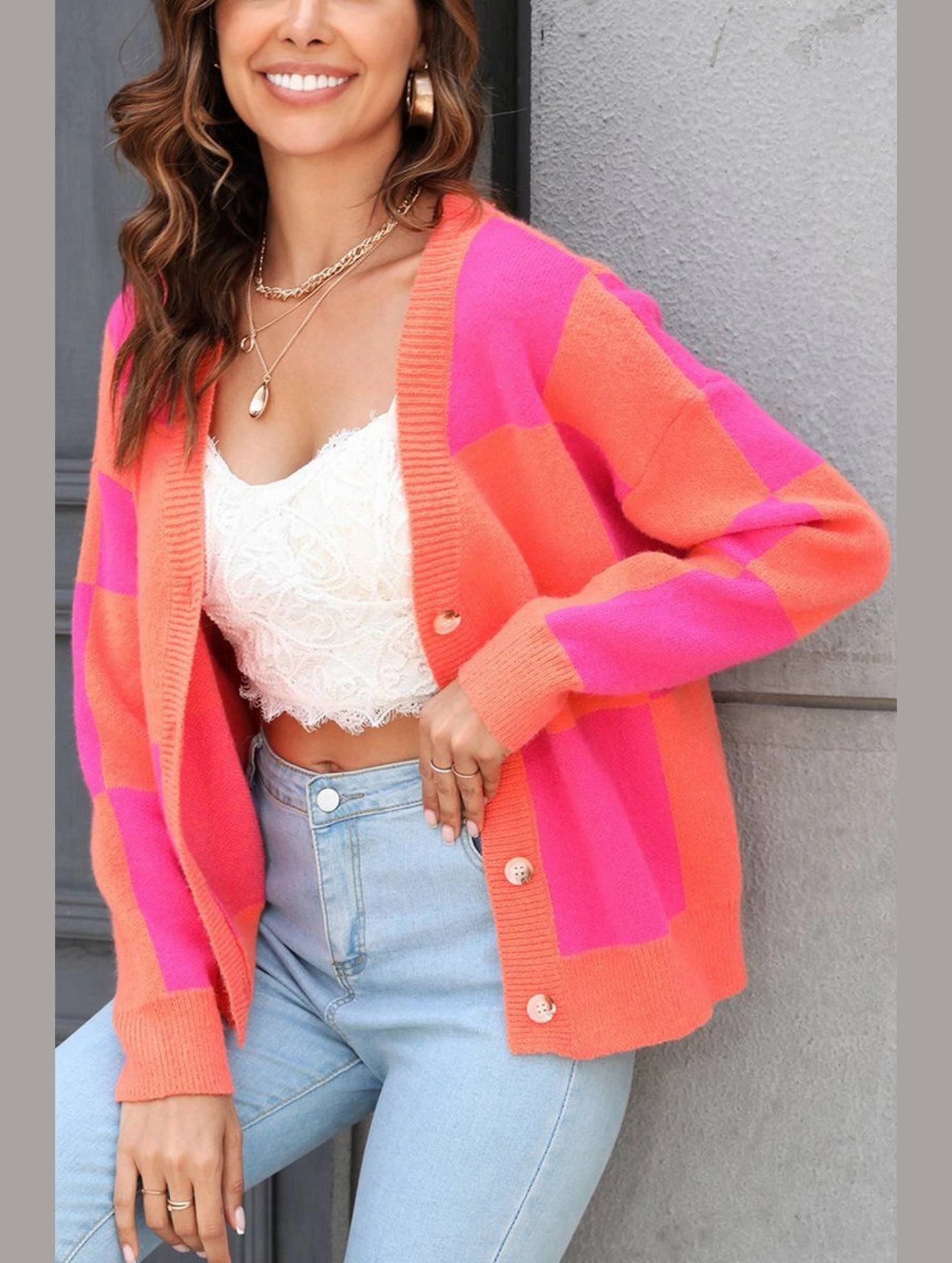 WOMEN PLAID COLOR BLOCK BUTTON UP CARDIGAN Sustainable Textile Ribbed Hem Finish