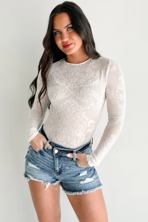 Modern Flair Long Sleeve Flocked Mesh Bodysuit (Ivory) Casual Long Sleeve EcoFriendlyDye
