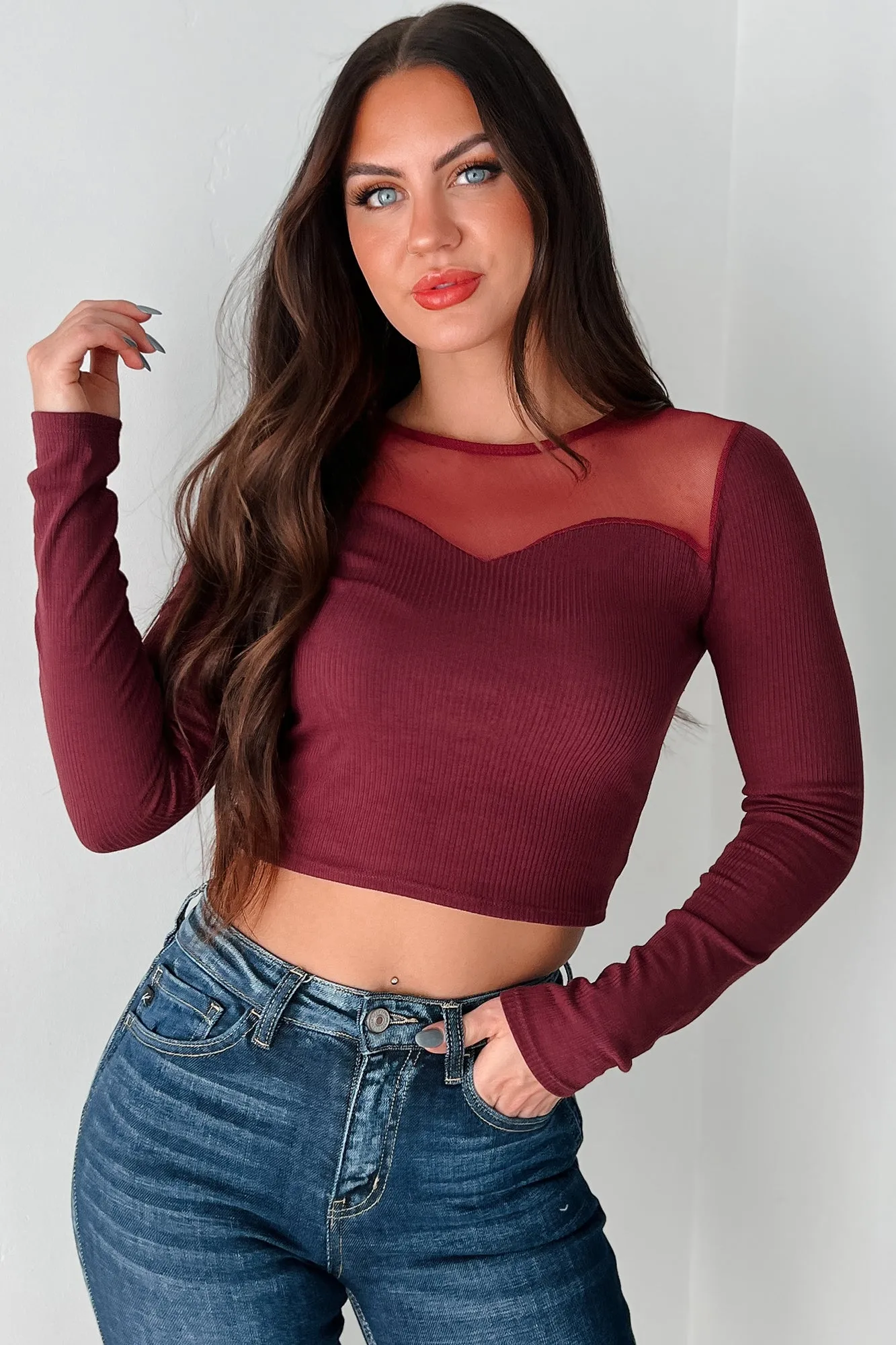 NonScratchyLining DOORBUSTER How Fitting Mesh Contrast Long Sleeve Top (Wine)