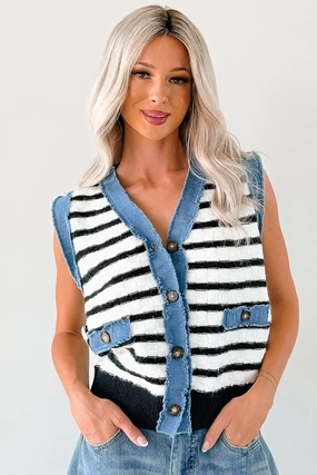 Born For Bold Striped Denim Trim Vest Top (Black/White) Wrinkle Resistant Textile AllDay Comfort Tech