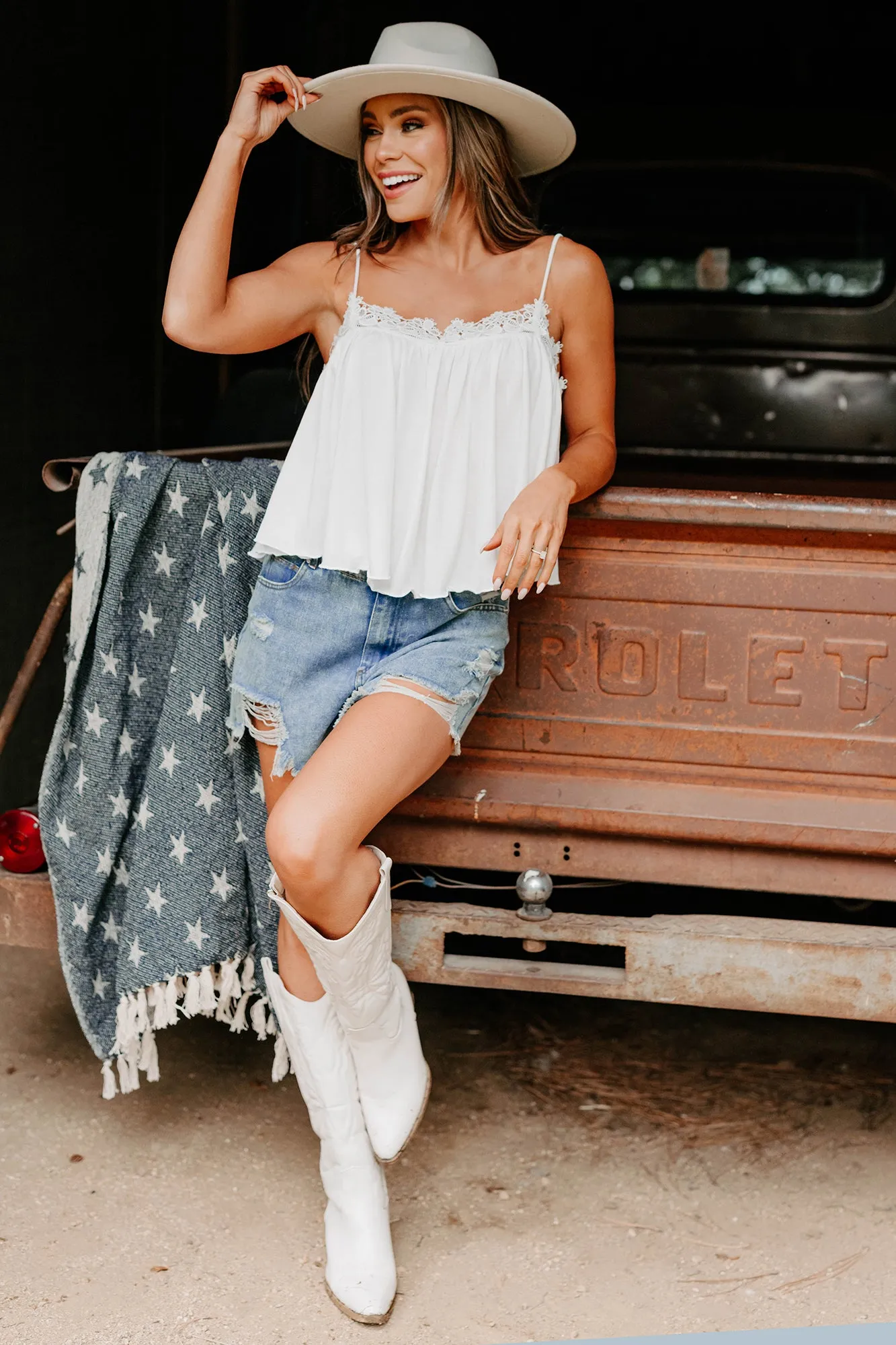 Lavender Dreams Crochet Lace Cami Top (White) All Over Print Technique Fashionable Tank