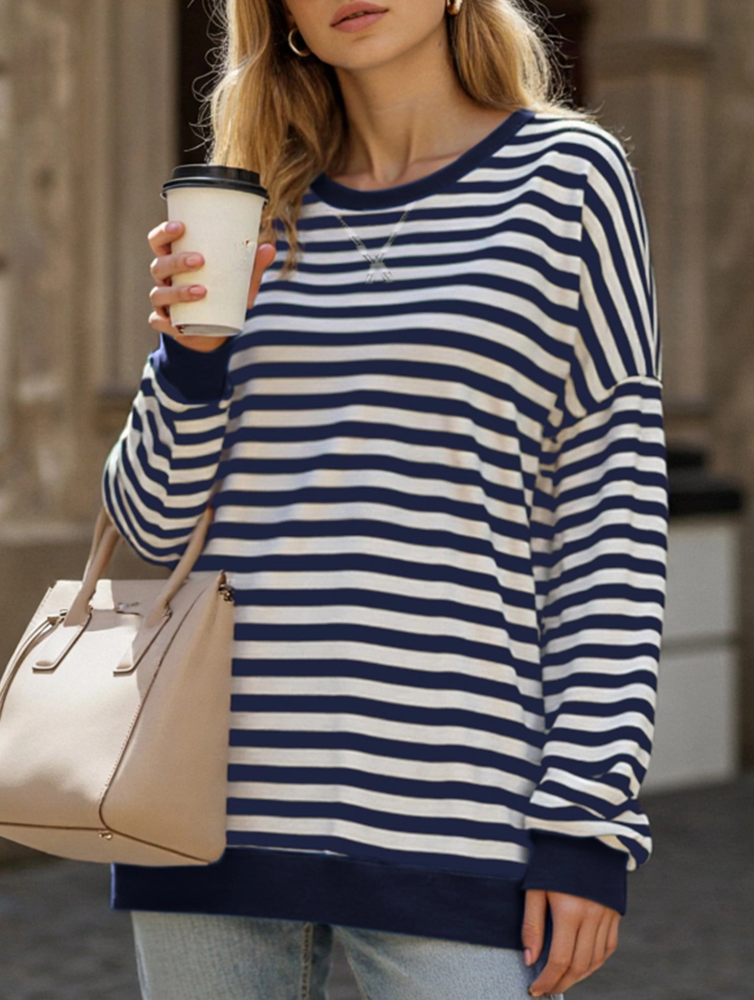 Quick Release Fasteners Striped Print Loose Sweatshirt