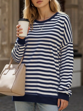 Quick Release Fasteners Striped Print Loose Sweatshirt