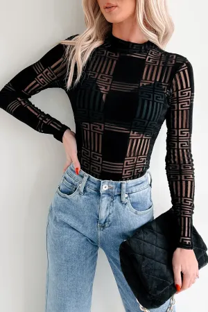 Amazed By You Geometric Mesh Bodysuit (Black) NonRestrictiveCollar Reflective Accent Stripes