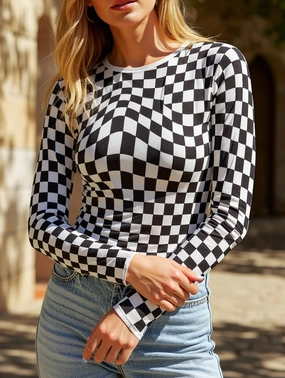 Flexible Shoulder Gusset Flowy Tunic Fashionable plaid print long-sleeved top