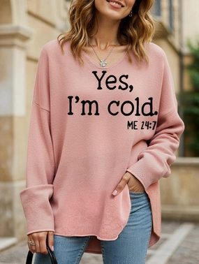Hydrophobic Surface Treatment Flexible Knit Blend Loose solid color letter print V-neck sweater
