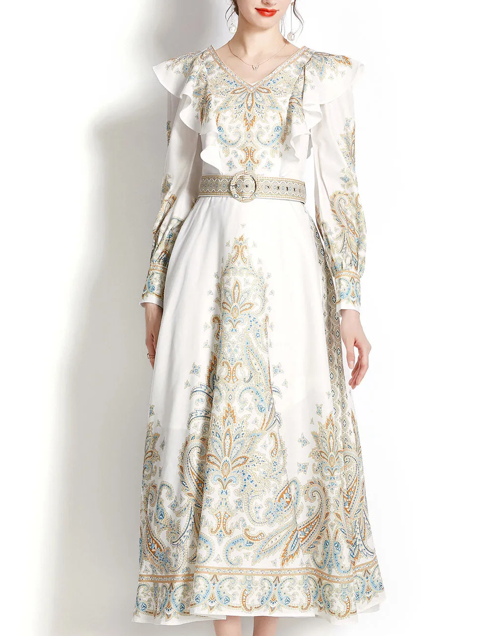 Apricot V Neck Ruffles Lantern Sleeve Bohemian Dress Maxi Dress
