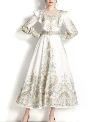 Apricot V Neck Ruffles Lantern Sleeve Bohemian Dress Maxi Dress