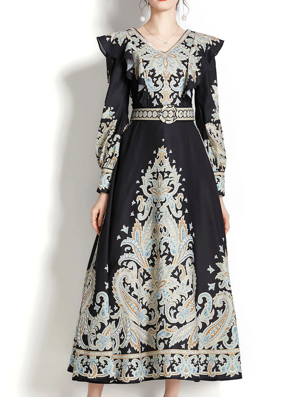 Apricot V Neck Ruffles Lantern Sleeve Bohemian Dress Maxi Dress