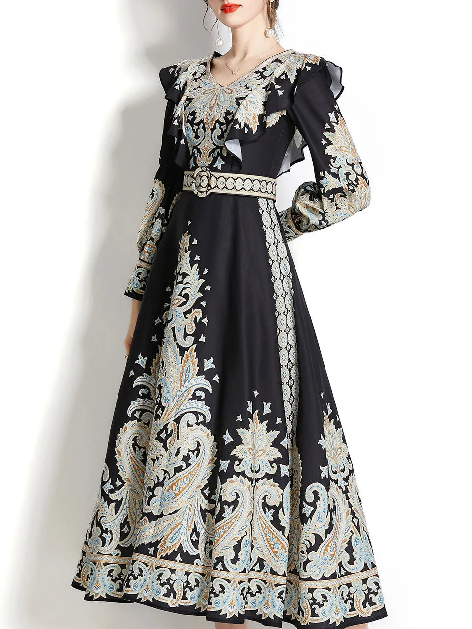Apricot V Neck Ruffles Lantern Sleeve Bohemian Dress Maxi Dress