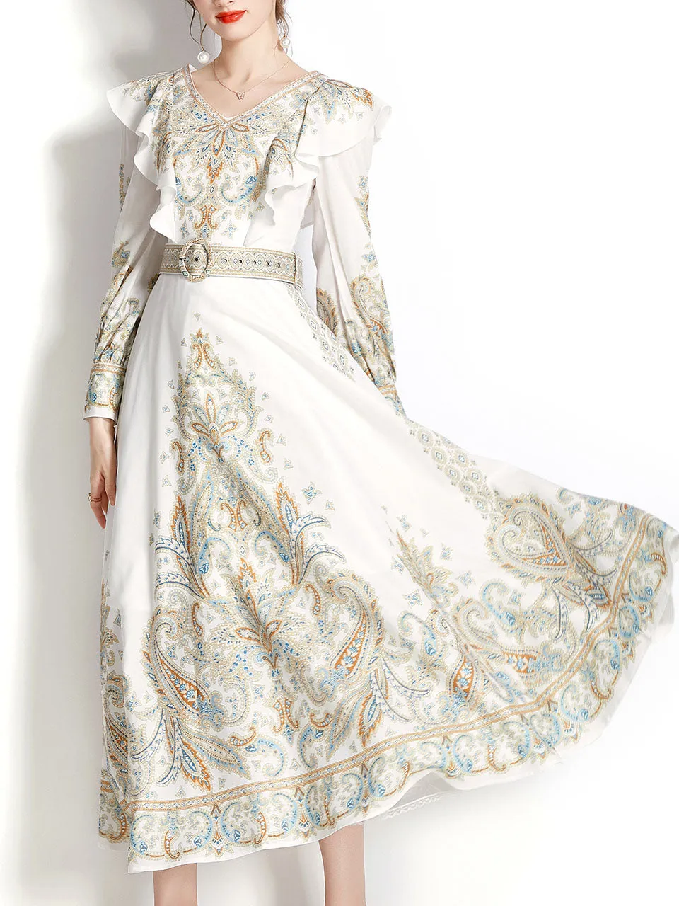 Apricot V Neck Ruffles Lantern Sleeve Bohemian Dress Maxi Dress