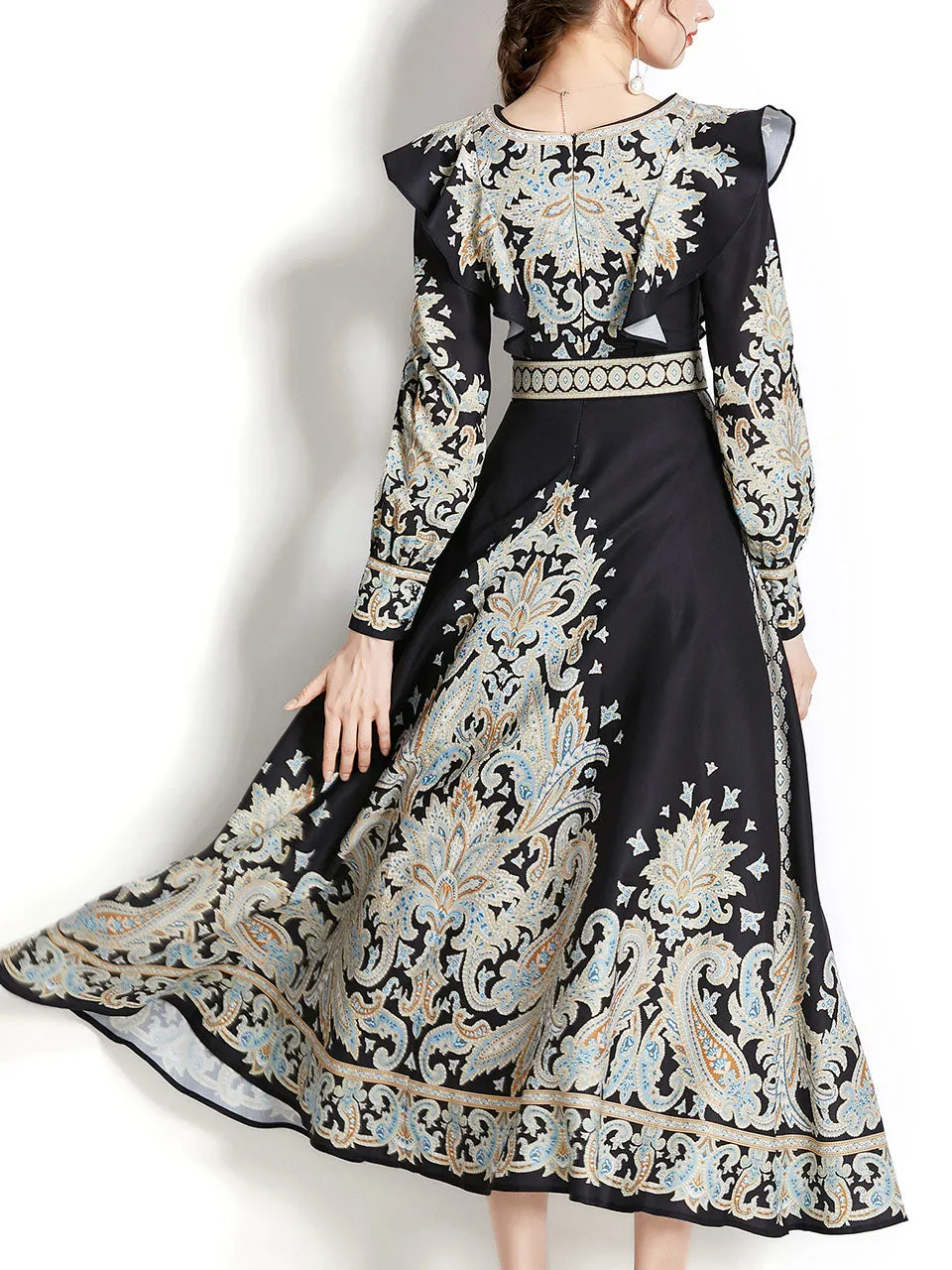 Apricot V Neck Ruffles Lantern Sleeve Bohemian Dress Maxi Dress