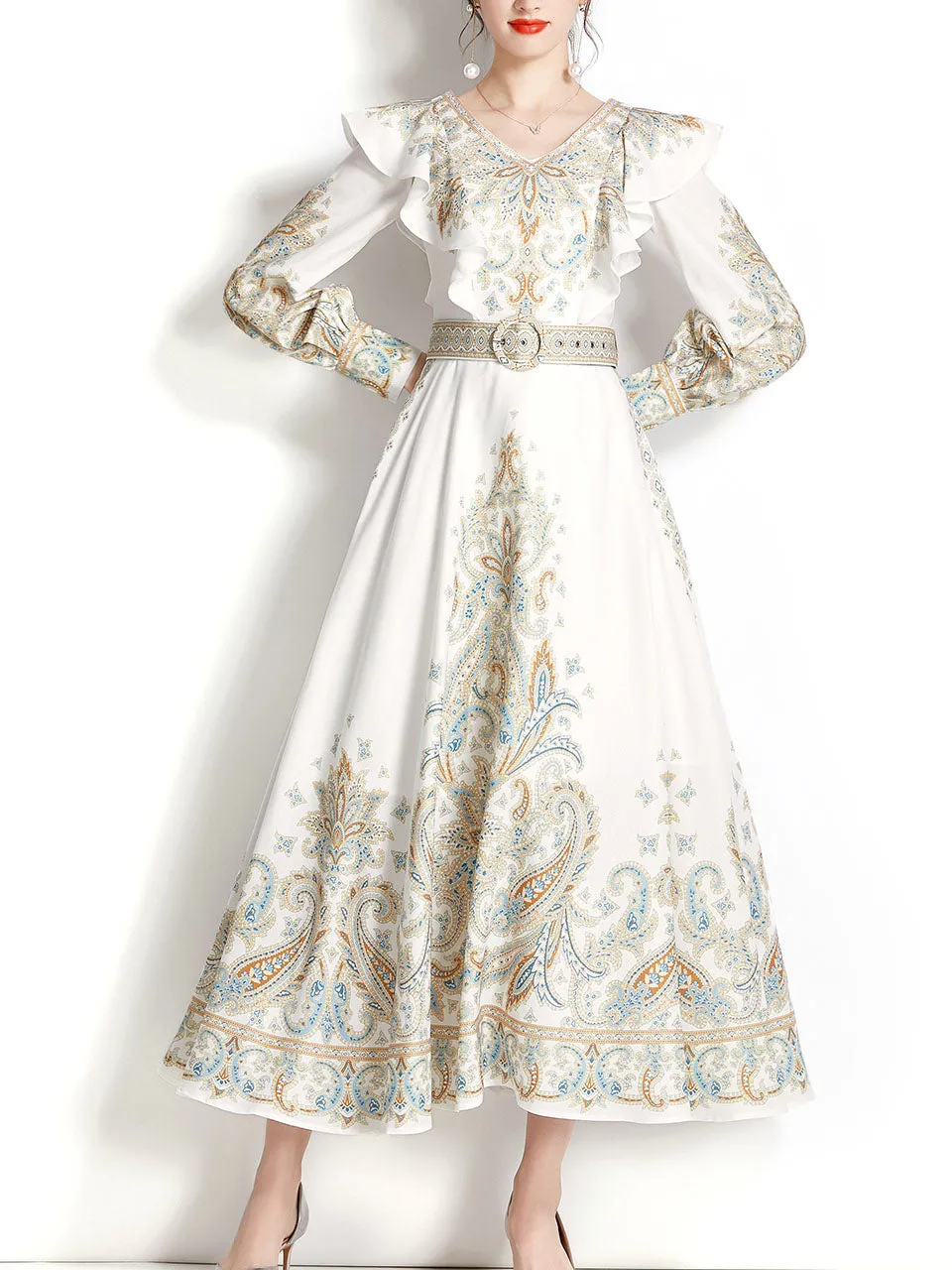 Apricot V Neck Ruffles Lantern Sleeve Bohemian Dress Maxi Dress