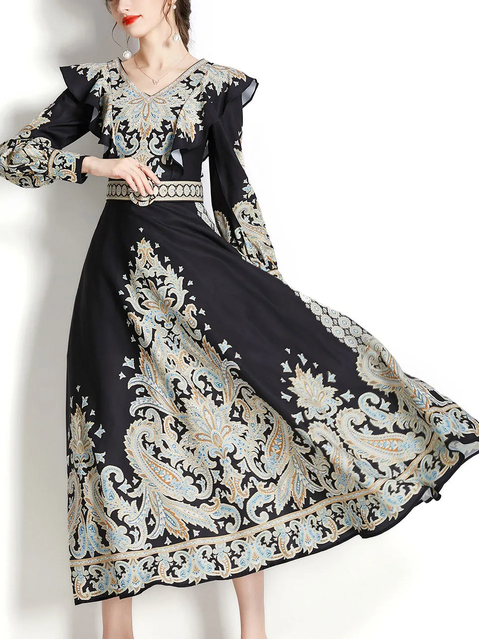 Apricot V Neck Ruffles Lantern Sleeve Bohemian Dress Maxi Dress
