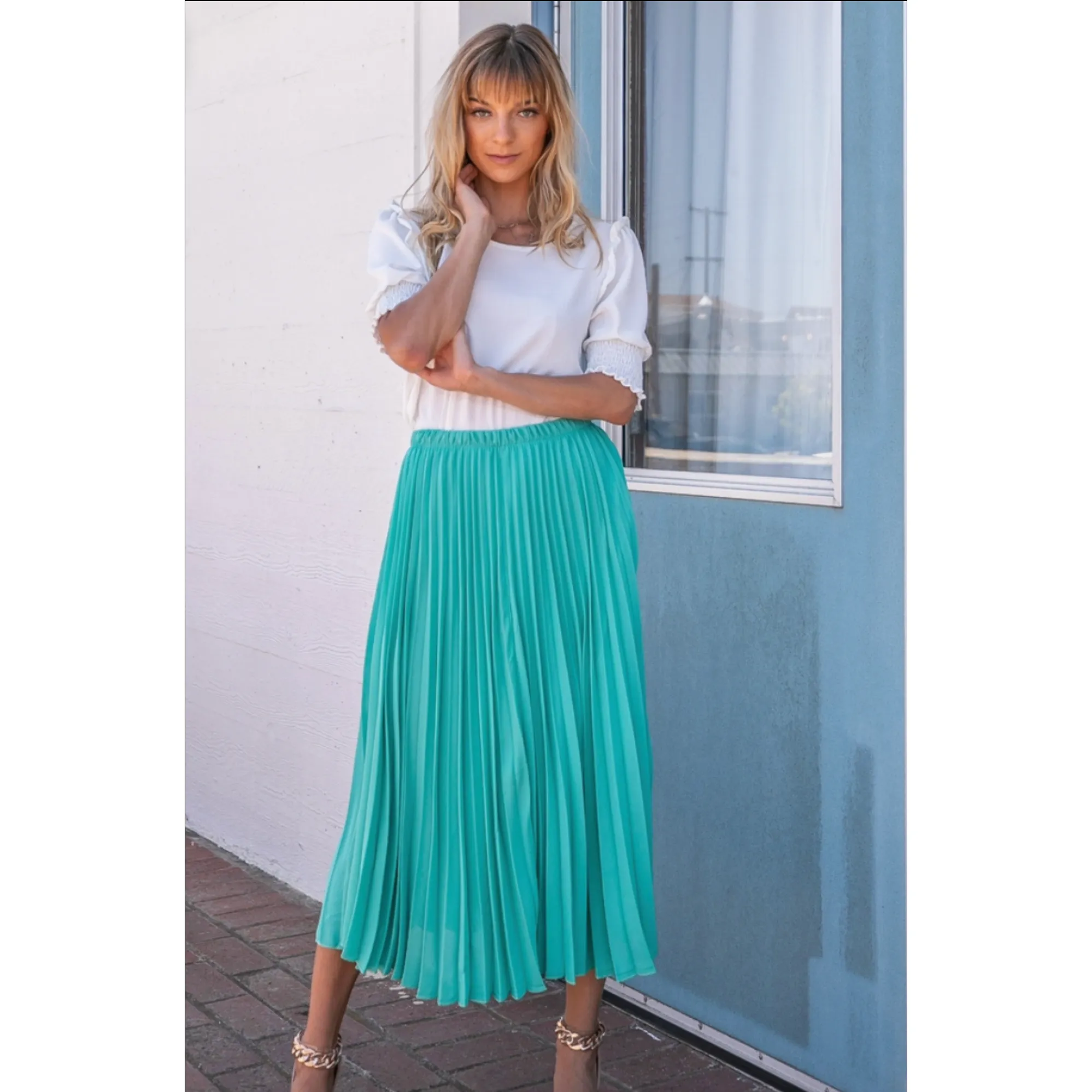 Aqua Pleated Midi Skirt