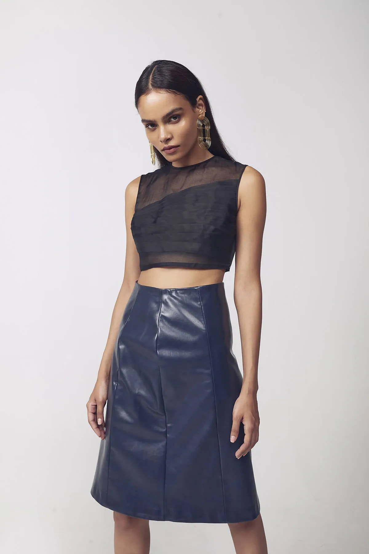 Artificial Leather Midi Skirt in Navy Blue