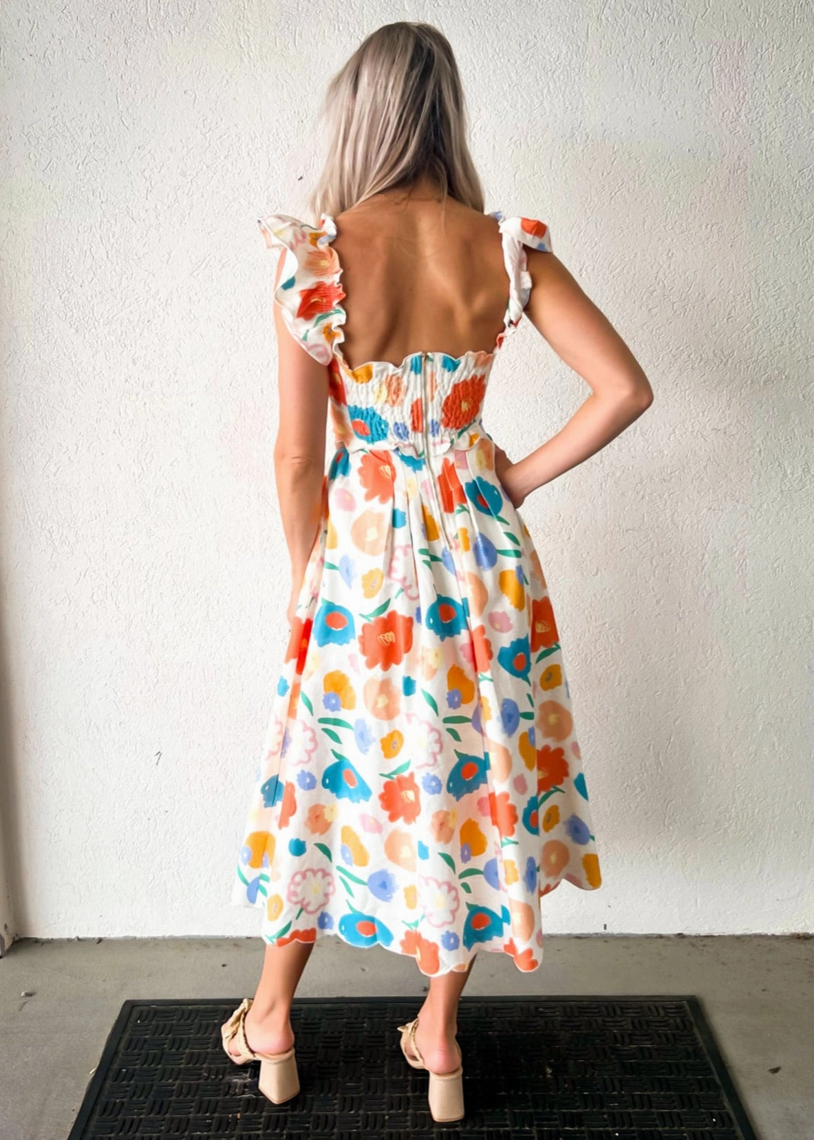 Travel Vibe ASHTON FLORAL DENIM SCALLOP MIDI DRESS