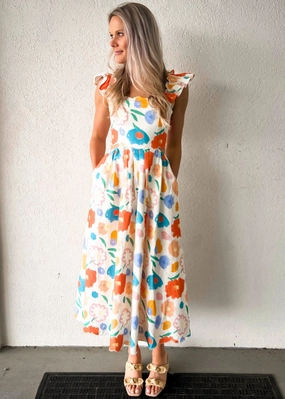 Classic Motion Stylish Pick ASHTON FLORAL DENIM SCALLOP MIDI DRESS