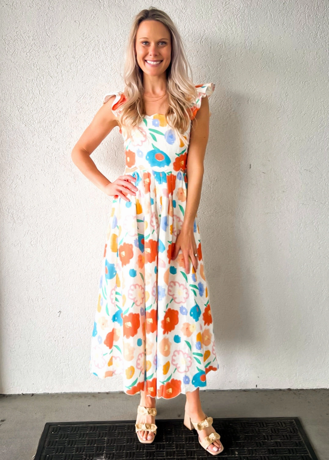 Ruffle Hem Effortless Waist Design ASHTON FLORAL DENIM SCALLOP MIDI DRESS