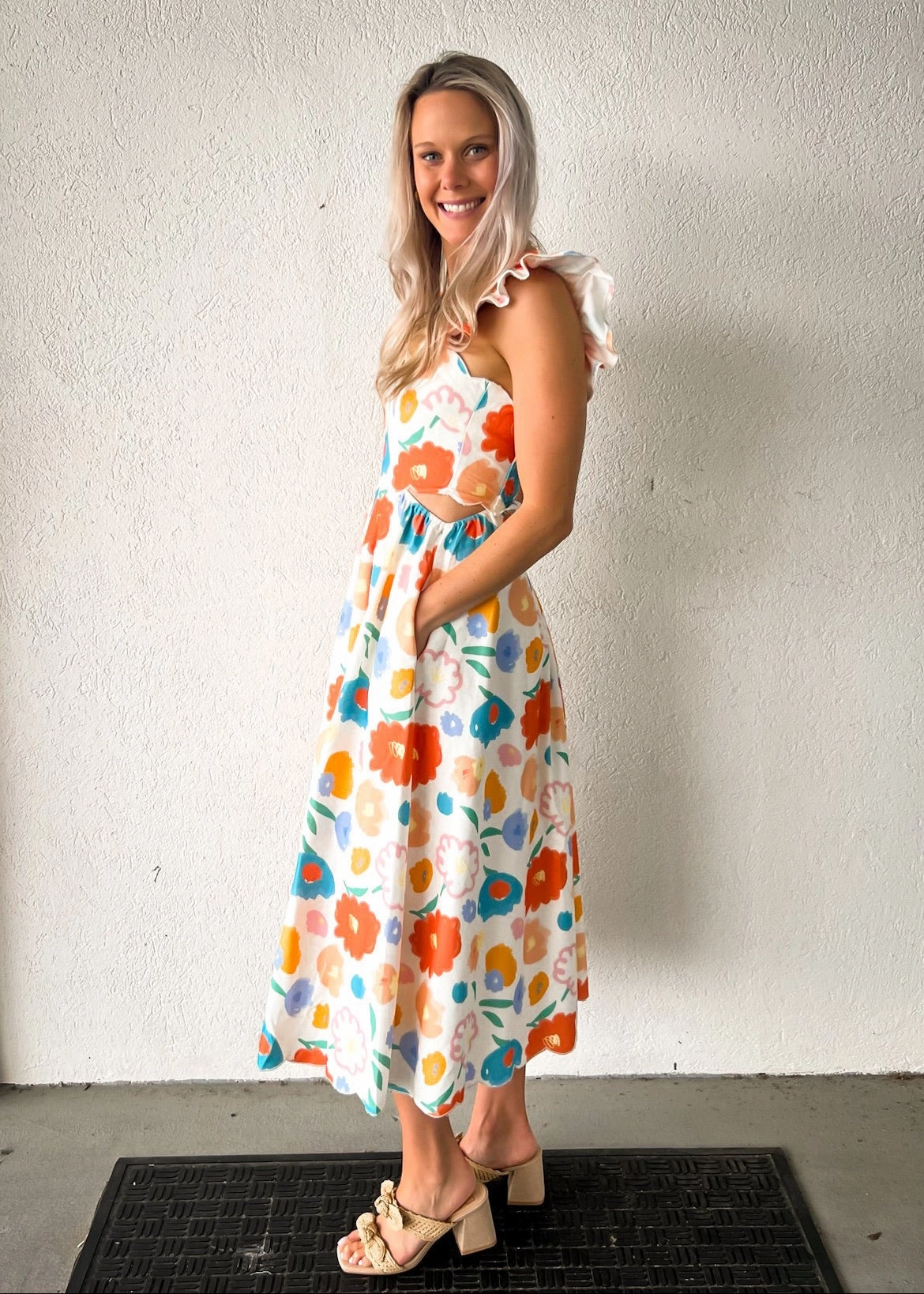ASHTON FLORAL DENIM SCALLOP MIDI DRESS Statement-Buttons