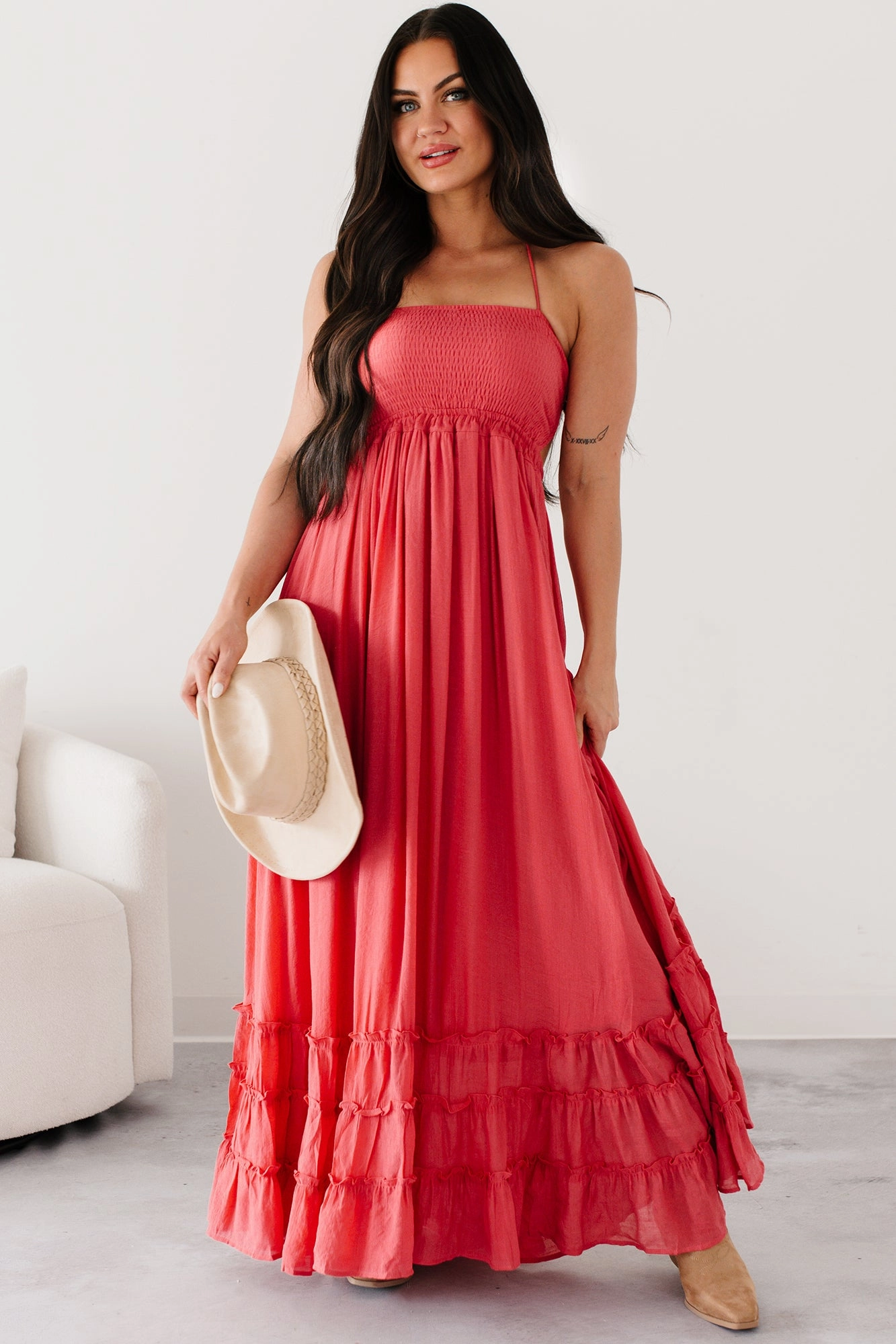 Silky-Lining Smooth Tone Assertive Aura Halter Smocked Maxi Dress (Coral Red)
